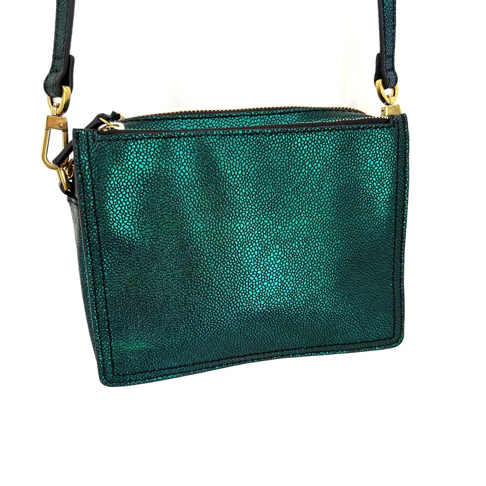 Fossil Green‎ Snake Pebbled Leather Metallic Green Teal Three Zipper Crossbody